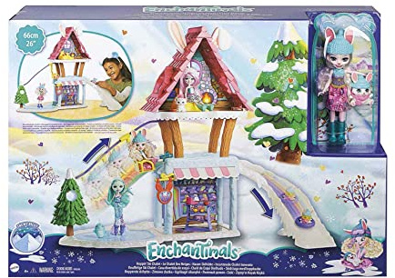 Mattel ​Enchantimals Hoppin’ Ski Chalet (25-in) with Bevy Bunny Doll (6-in) & Jump Animal Figure, with 5 Areas of Play, Go up Lift & Slide Down Slope, Makes a Great Gift for Kids Ages 3-8 Year Olds