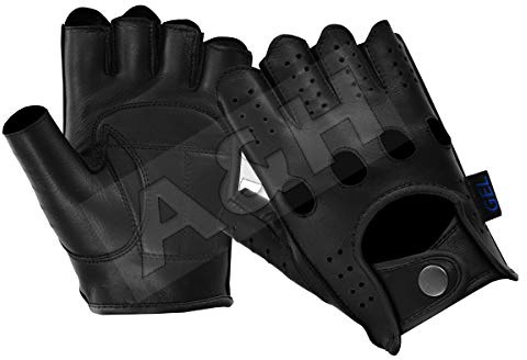 A&H Apparel Mens Cowhide Leather Gloves Fingerless Half Finger Motorcycle Thin Driving Biking Cycling Shooting Tactical (Small)