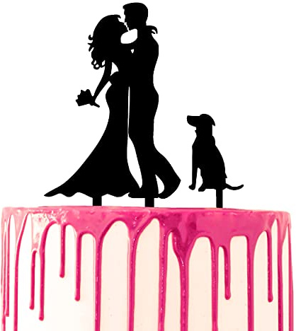 CARISPIBET wedding cake topper bride & groom hugging with bride holding flower bouquet and dog acrylic silhouette