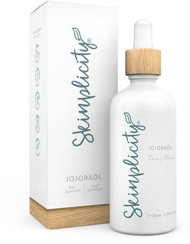 Skinplicity Jojoba-Öl in Bio-Qualität für Körperpflege, Haut- und Haarpflege. Naturkosmetik, Kaltgepresst und Vegan, ohne Tierversuche. Für trockene Haut und kaputte Haare. Jojobaöl
