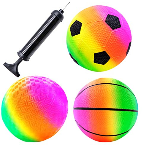 3 Pcs Toddler Sports Ball Set with Pump, Inflatable Football Basketball Rainbow Ball Outdoor Playground Garden Bouncy Beach balls for Kids Children Boys Girls Christmas Birthday Gift