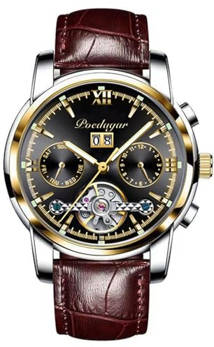 RORIOS Orologio Uomo Automatico Meccanico Orologio con Cinturino in Pelle Orologio Luminoso Pointer Impermeabile Tourbillon Orologio da Polso
