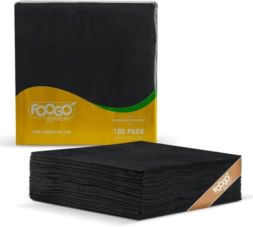 FOOGO Green 100 Stück Elegante Schwarze Papierservietten, FSC®-Zertifiziert, 33 x 33 cm, 2-lagig – Stabile und Weiche Papierservietten – Vollständig kompostierbar – Ideal für Party & Cocktail | FSC®-zertifiziert, 2-lagig, kompostierbar zu Hause, extra weich, Cocktails, Partys, Empfänge, täglicher Gebrauch