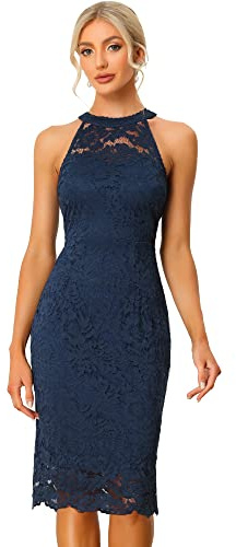 Allegra K Damen Spitzenkleid Ärmellos Figurbetontes Elegantes Etuikleid Neckholder Kleid Dunkelblau S
