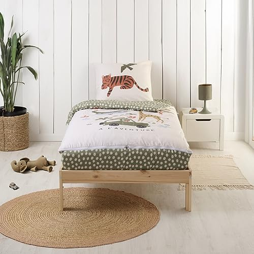 Bleu Calin Caradou® Jungle Parure de Lit Enfant en Coton 4 pièces: Couchage Tout-en-Un avec Couette - 90x190cm