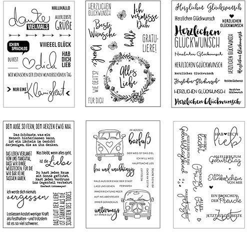 Funnytek Silikonstempel Sprüche Deutsch Set, 6 Blätter Geburtstag Stempel-A | Clear Stamps Glückwünsche, Silikonstempel Deutsche Texte für Bullet Journal Scrapbooking,Tiere und Blumen Stempelset