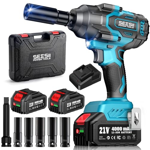 Seesii 1000N.m (738ft-lbs) Cordless Impact Wrench High Torque,1/2 Brushless Impact Gun w/Two 4.0Ah Battery,Fast Charger, 5 Sockets & Storage Case, Electric Impact Wrench for Car Truck,WH760
