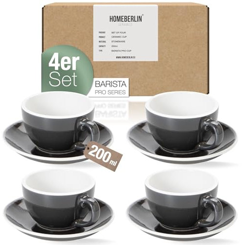 HOMEBERLIN® Barista Pro Cappuccino Tassen Set - 200ml Kaffeetassen Set - Premium Kaffee Tassen Set aus hochwertigem Steingut - Vier Moderne Kaffeetassen mit passenden Untertassen - 100% Handfertigung