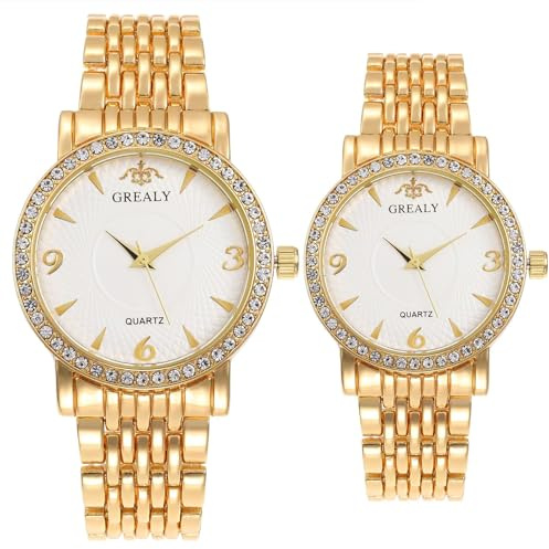 JewelryWe Paar Uhr Analog Quarz Kalender 30M Wasserdicht Partner Armbanduhr Edelstahl Armband Herren Damen Uhren mit Strass Zifferblatt