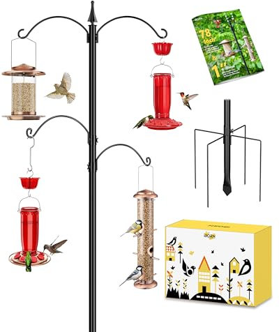 iBorn Fågelmatarstång 1 tum tjocklek stång vild fågel matningsstation stativ shepard krok för fågelmatare, med 2 toppkrokar och 2 justerbara krokar, 5-spetsstabilisator (fågelmatare ingår inte)