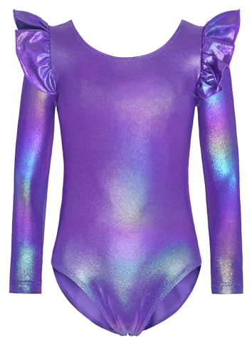 Nymphperi Girls Gymnastics Leotards Size 8-9 Years Old Rainbow Purple Ruffle Long Sleeve Quick Dry Bodysuits