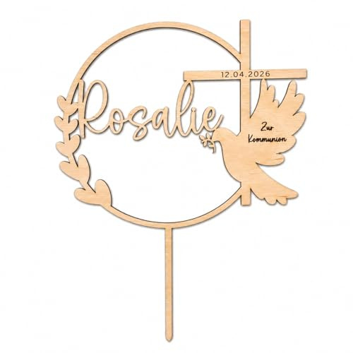 Birdart Box® Taufe, Konfirmation, Kommunion Tortenstecker mit Namen – personalisierter Tortenstecker aus umweltfreundlichem Holz, stabiler Cake Topper 15cm Durchmesser (Holz Natur)