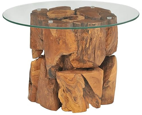 Homgoday Table Basse Bois Flottant de Teck Massif 60 cm, Table d'appoint de Salon avec Dessus de Table en Verre trempé, Table de Bout de Canapé, Table Centrale pour Café Bureau