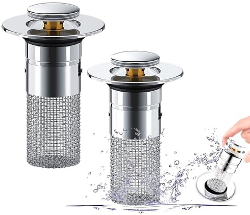 Abflussstopfen mit Sieb,32-40mm Waschbeckenstöpsel mit Sieb,Pop-Up Ablaufventil mit Sieb,Abflusssieb Waschbecken,Spülbecken Stöpsel für Drain Küchenspüle (Silberweiß Lange Ausführung x2)