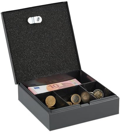 Relaxdays Geldkassette abschließbar, entnehmbarer Einsatz, 4 Fächer, Barkasse aus Eisen, HxBxT: 6 x 17 x 17,5 cm, grau