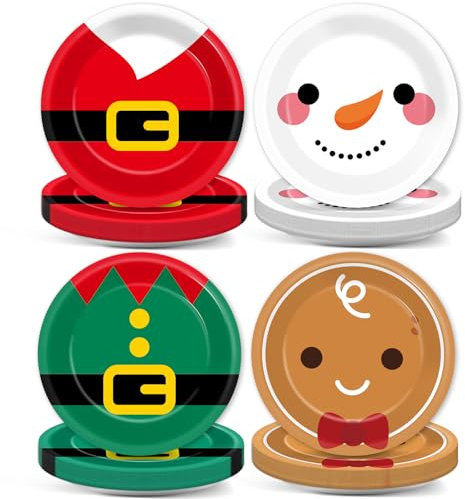Lonfliness 120Pcs Christmas Paper Plates - 9 Inch Dinnerware Set with Santa, Snowman, Elf & Gingerbread Designs for Holiday Parties