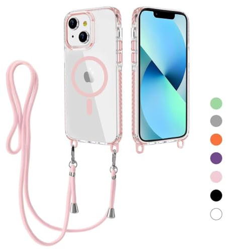 Magnetica Cover per iPhone 15 Plus/iPhone 14 Plus con Cordino, Compatibile con MagSafe, Custodia Traslucida PC Sottile TPU Antiurto Protettiva Case con Corda Collana Tracolla Laccio, Rosa