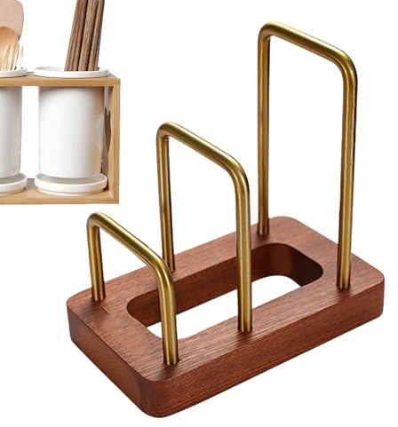 Cutting Board Rack Organizer- Pot Lid Storage Organizer | Baking Tray Rack with 2 Sections | Wood Cutting Board Rack | Chopping Board Rack | Kitchen Countertop Plate Rack with Wood Base for Plates