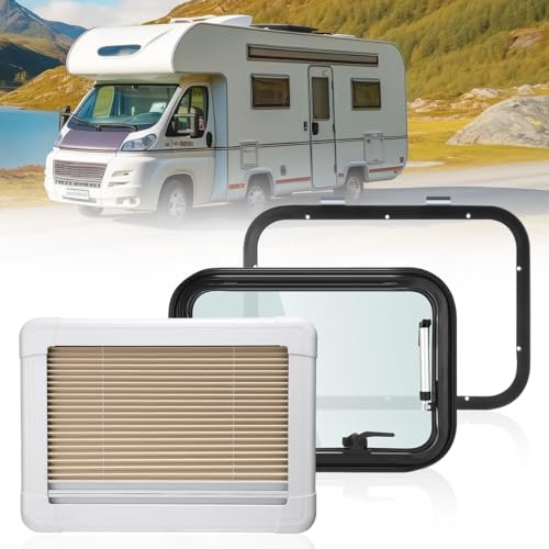 GEARMONSTER Fenêtre basculante pour camping-car - 500 x 350 mm - Avec store intégré et moustiquaire - Fermeture éclair externe - Pour caravane, van et camping-car