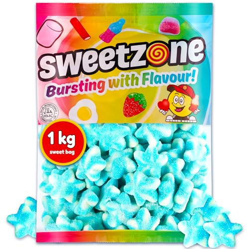 Sweetzone Fizzy Blue & White Stars 1kg, Star Shaped Jelly Sweets Pick and Mix, Retro Sweet Hamper of Gummy Sweets, Chewy Candy, Bag of Candy, American Candies, Fruit Jellies, and Halal Sweeties Bulk