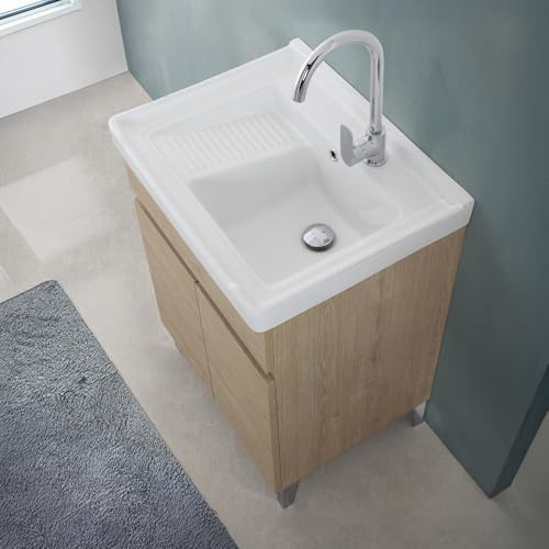 Mobile Lavatoio 60x46,8 Cm Rovere Dolomite Con Vasca In Ceramica Dotata Di Zona Strofinatoio, Struttura Già Montata In Legno Nobilitato Con 2 Ante Apribili A Gola