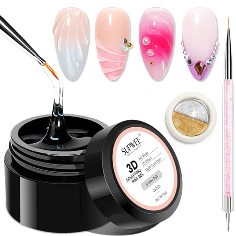 SUPWEE 3D Sculpting Nail Gel, No Wipe Sculpture Gel with Chrome Powder | Nail Art Brush for Rhinestone Decoration Adhesive Nails Art Designs UV/LED 3D Line Painting Kit Salon Home DIY