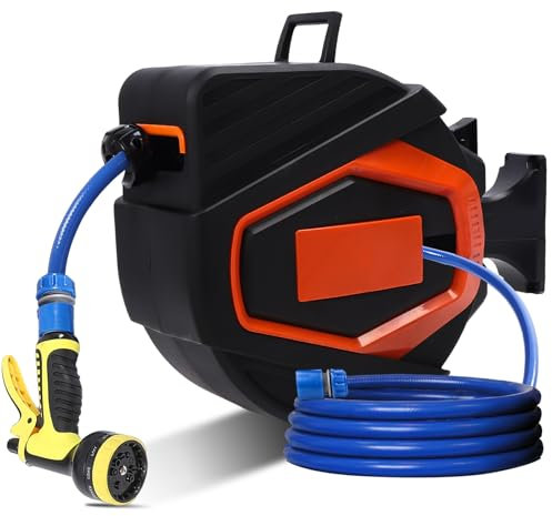 Retractable Garden Hose Reel 104.99ft, Wall Mounted Hose Reel with 10 Pattern Nozzles 1/2 Inch ID 180° Swivel Bracket Automatic Rewind Any Length Lock