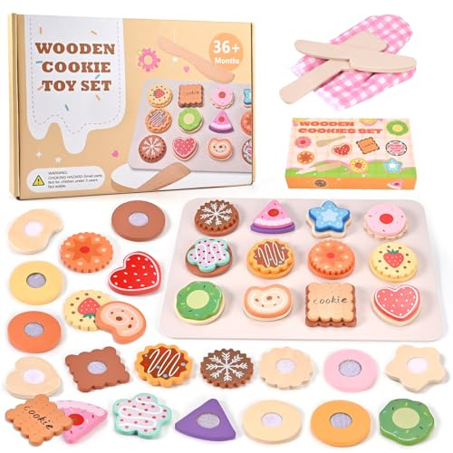 Wooderma Kinderküche Spielküche Zubehör aus Holz, Plätzchen Cookie Set | Küchenspielzeug für Kinder, Lebensmittel Holz mit Klett-Verbindung, Lernspielzeug für Rollenspiele, Geschenk für Kinder
