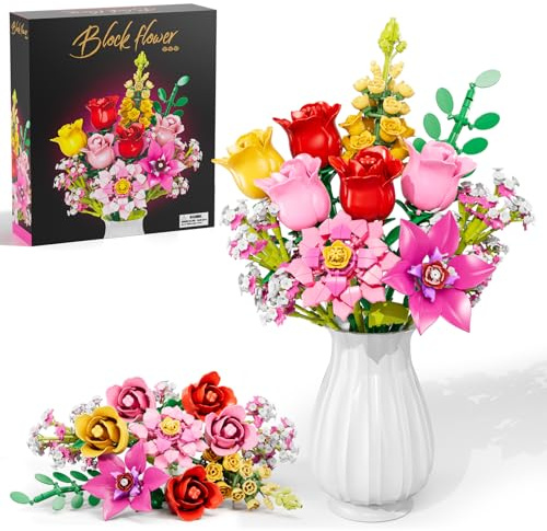 Flowers Bouquet Building Set - Pink Roses Flowers Set, 765 PCS Botanical Collection Building Block Toy,Gifts for Mother’s Day/Anniversaries/Birthday for Adults Mum Wife Women Kids 6+, Home Decor
