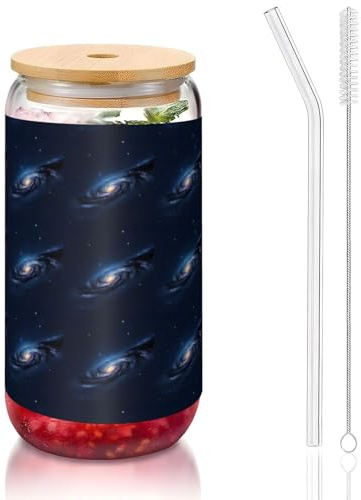 SDEGTHO Universe Milky Way Galaxy Printing Cute Drinking Glasses with Glass Straw 16 Ounce for Beer Iced Coffee Whiskey Gift