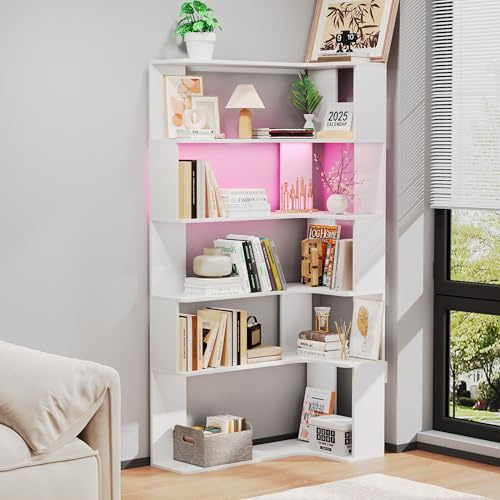 Ztexkee Libreria angolare con barra luminosa a LED Scaffale a 6 Ripiani 169 cm Libreria a forma di L Scaffale angolare per camera da letto, soggiorno, cucina, casa, ufficio, bianco