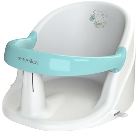 BABYLON Asiento Bañera Bebé Nemo – Silla Bañera Bebe Antideslizante con 4 Ventosas, Asiento baño Bebe Bañera desde 6 Meses, Adaptador y Soporte Baño Bebé para Ducha y Bañera, blanco/turquesa