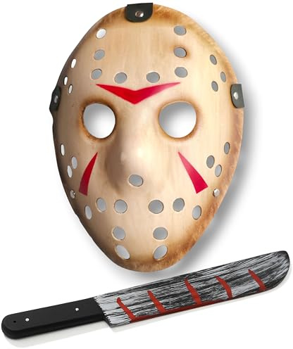 Halloween Jason Mask and Machete Set | Jason Voorhees Killer Hockey Masks with Bloody Toy Props Horror Party Fancy Dress Costume Accessory Set