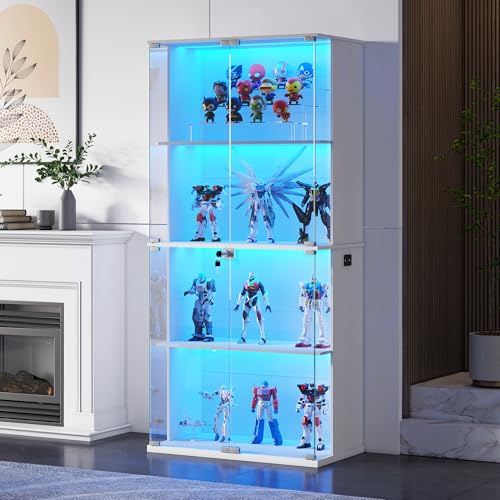 Gurexl 66 Glass Display Cabinets with Lockable for Collectibles,White | Curio Cabinet with 3 Color Lights,4 Tiers Bookcase Cabinet with Human Body Sensor for Office,Living Room,Bedroom,Study
