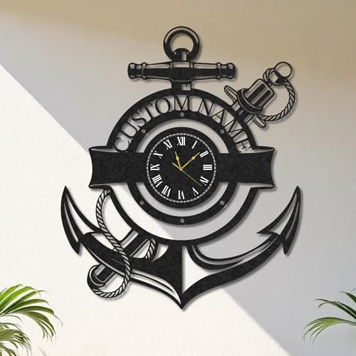 LOWACOS Personalized Nautical Anchor Wall Clock, Custom Name Silent Battery Operated Timepiece, Indoor Outdoor Decorative Wall Art for Lake House, Living Room, Gifts for Men Women