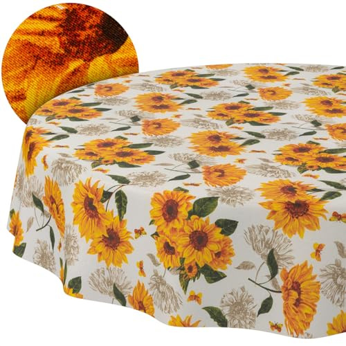 ANRO Tischdecke abwaschbar Sonnenblume rund Ø 120 cm Gartentischdecke | waschbar bei 30 °C – ideal für Garten, Terrasse & Esszimmer – Tischwäsche aus beschichtetem Stoff