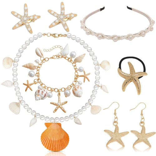 Charfia 6 Stück Meerjungfrau Schmuck Set Muschel Seestern Mode Halskette Armband Ohrring Perle Kragen Chunky Halskette für Meerjungfrau Kostüm Damen Karneval Sommer Meer Foto Requisite Zubehör