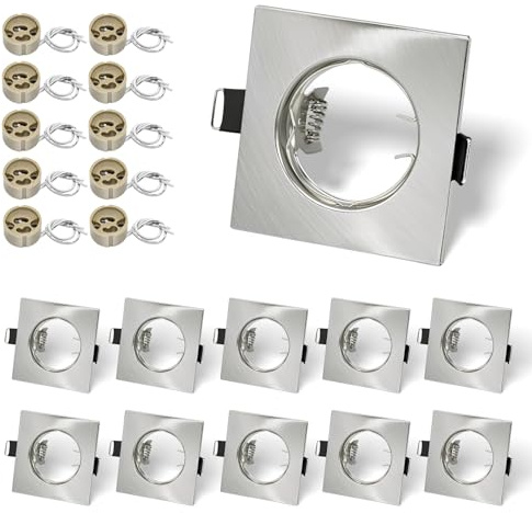 LteelDay 10er-Set Eckig GU10 Einbaurahmen Nickel Gebürstet mit VDE Fassung | Eckiger Metall-Einbaurahmen 80x80mm, Lochmaß 55-70mm. Inkl. Federklammern. Für 50mm LED/Halogen. Ohne Leuchtmittel.