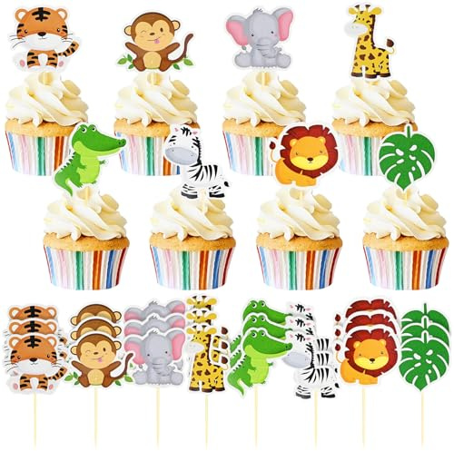 NISENTIA 24 Stück Waldtiere Geburtstag Deko, Cake Topper Geburtstag, Kuchendeko Jungle, Muffin Deko Cupcake Topper, Tiere Tortendeko Kindergeburtstag, Tortendeko Kinder für Babyparty Baby Shower