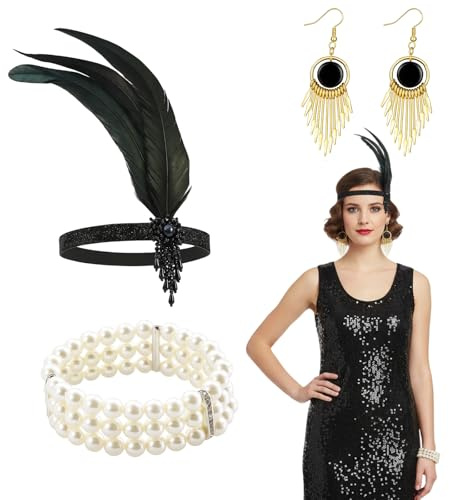 NieYat 4 Stück Zeitreise Kostüm Damen, 20er Jahre Kostüm Damen Accessoires, Gatsby Kleid mit Federboa Schwarz, Charleston Kleid 20er Jahre, 20er Jahre Accessoires für Damen