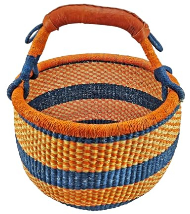 Stor Rund Bolga-Korg ca. Ø 40 x 40 cm – Handgjord i Ghana – Fairtrade – Kundkorg med Läderhandtag – Orange-Blå