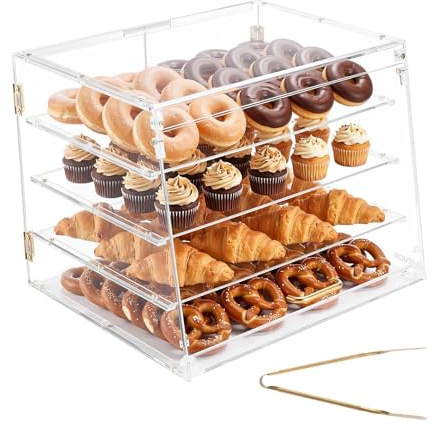VEVOR Gebäckvitrine 4-stöckig, Gewerbliche Bäckereivitrine aus Transparentem Acryl, Thekenvitrine mit Magnetischer Rücktür & Abnehmbarer Trennwand für Kekse Desserts Donuts, 530 x 435 x 415 mm