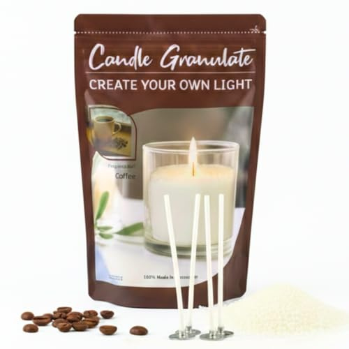 Alluvo Kerzensand Coffee 400 g mit 4 Dochten palmölfrei | Kerzengranulat mit Kaffeeduft – rußarm, wiederverwendbar für Windlichter, DIY-Kerzen und stilvolle Wohnräume