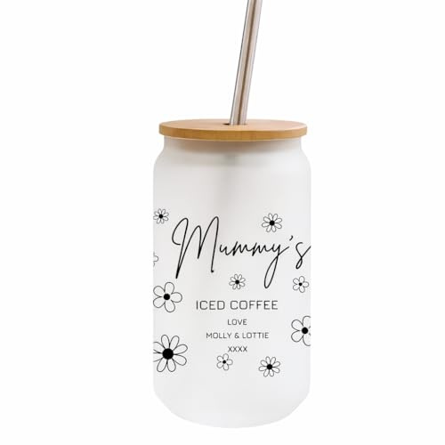 UNIQUEPGIFTS Personalised Mummy Iced Coffee Tumbler, Frosted Glass Cup | Mum Birthday Gift from Kids | Mother's Day | Christmas | Straw Included