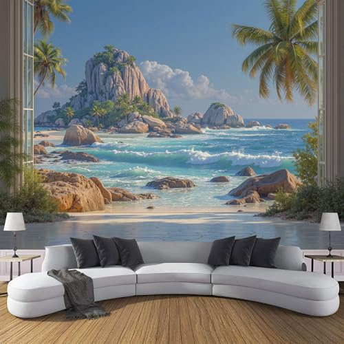 Papel Pintado Panorámico Paisaje Costero Rocas,350x256cm Islas Tropicales Fotomural Mural de Pared para Salón y Habitación Decoración de Pared
