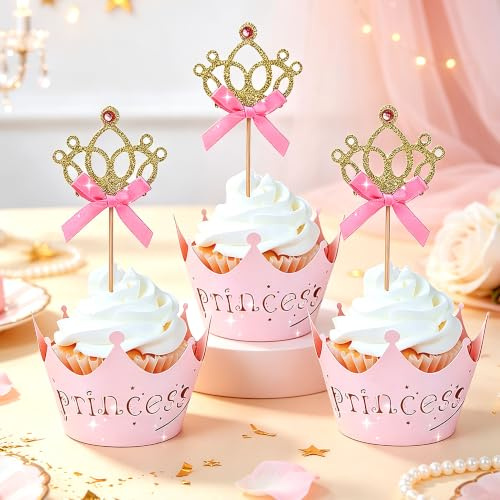 LaVenty 40 PCS Glittery Princess Crown Cupcake Toppers and Wrappers | Cupcake Decorations for Birthday and Baby Shower Party Supplies