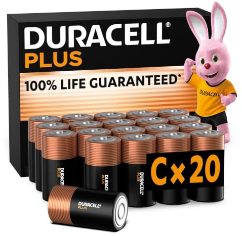 DURACELL Plus C Pilas Alcalinas (Paquete de 20) 1.5V, LR14 | 100% Duración garantizada - Para dispositivos cotidianos - Juguetes, linternas y radios - 10 años de almacenamiento