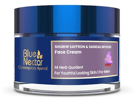 Blue Nectar Men Face Cream, Natural Skin Brightening Cream, Anti Aging Face Cream for Men with Sandalwood, Saffron and Almond Oil (14 Herbs, 50g)