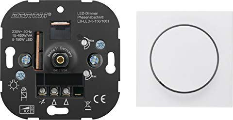 5 Jahre Garantie! EBROM® Unterputz LED Dimmer Drehdimmer + Berker Dimmerabdeckung 11378989 polarweiß glänzend, Phasenabschnitt, für LED 5-150 Watt + dimmbare Halogen etc. 15-400 W/VA