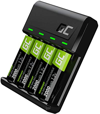 Green Cell VitalCharger Chargeur de batterie + 4 piles AA 2000 mAh pour piles NI-MH AA AAA R6 R03 Mignon avec micro USB USB-C. Système de charge 4 canaux – Charge à partir de 1 à 4 AA ou AAA